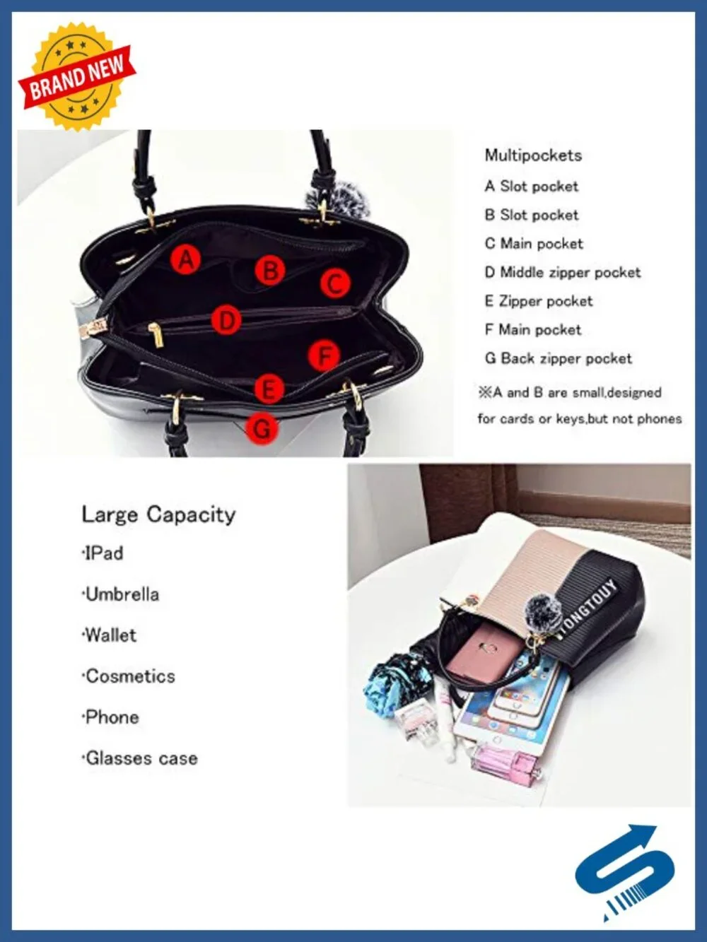 PU Leather Satchel Shoulder Tote Bag with Multi Pockets